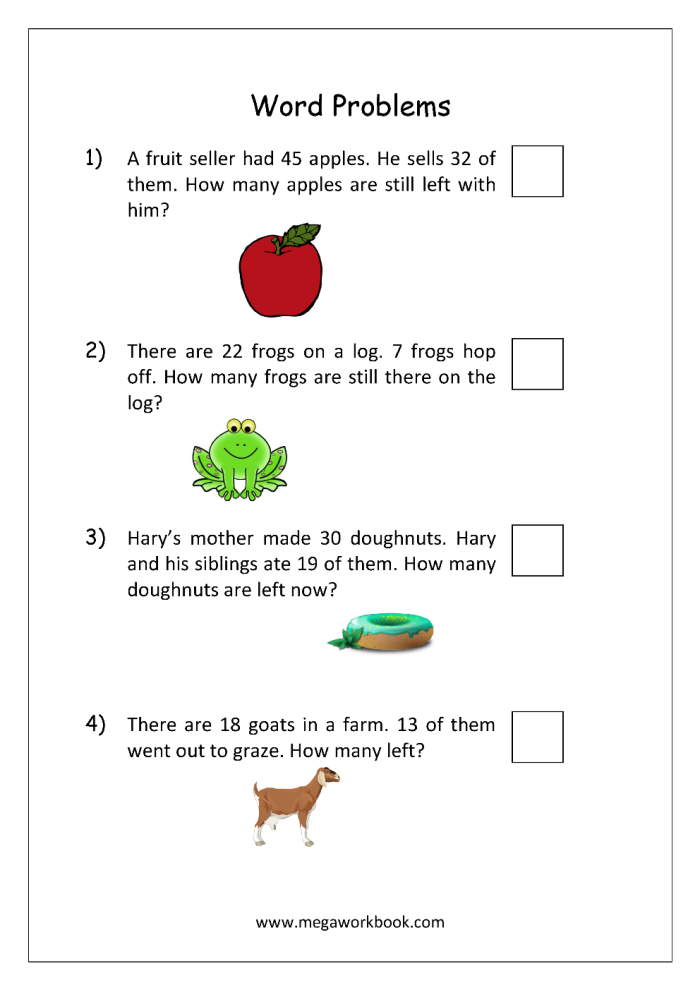 First grade worksheet featuring simple math word problems with burger illustrations