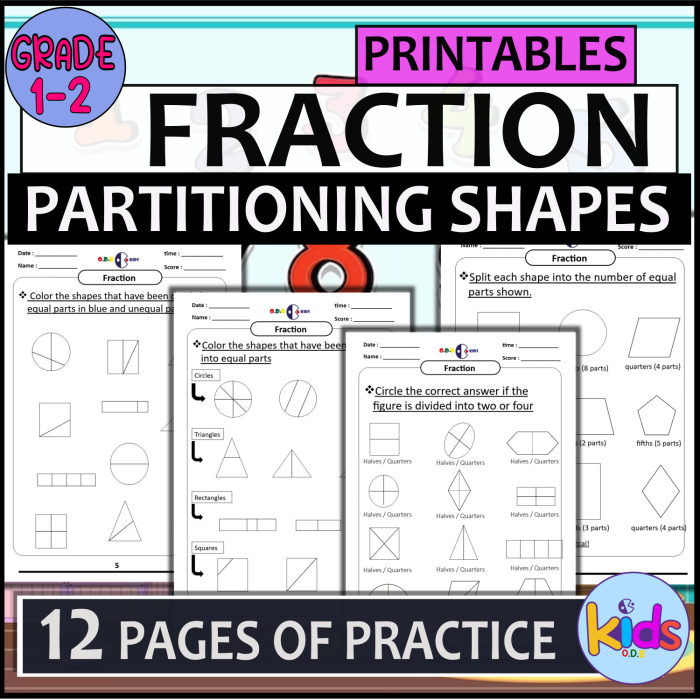 Practice Test: Simple Shapes & Fractions for Grade 1 Worksheet featuring simple shapes and fractions for first graders