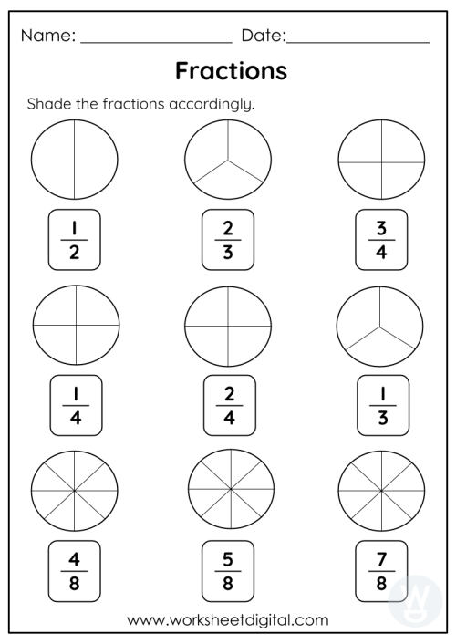 Practice Test: Simple Shapes & Fractions for Grade 1 Students Colorful worksheet featuring simple shapes and fractions for first graders