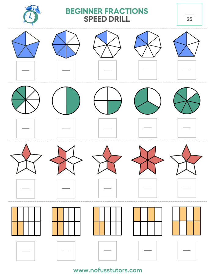 Practice Test: Simple Shapes & Fractions for Grade 1 Worksheet featuring simple shapes and fractions for first graders