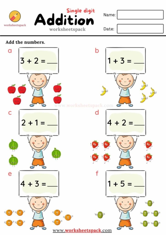 Engaging worksheet designed to help children practice single digit addition skills Single Digit Addition worksheet for first graders featuring fun counting activities