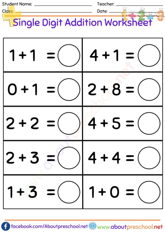 First grade math worksheet featuring rhythmic single-digit addition problems with sums up to 9