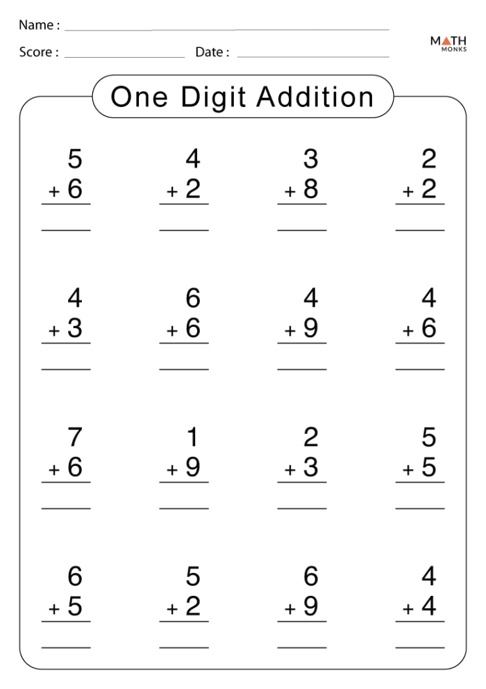 First grade worksheet featuring single-digit addition problems with sums up to nine