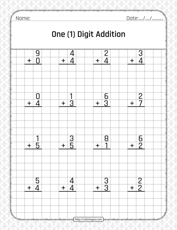 First grade math worksheet featuring single-digit addition problems with sums up to 9
