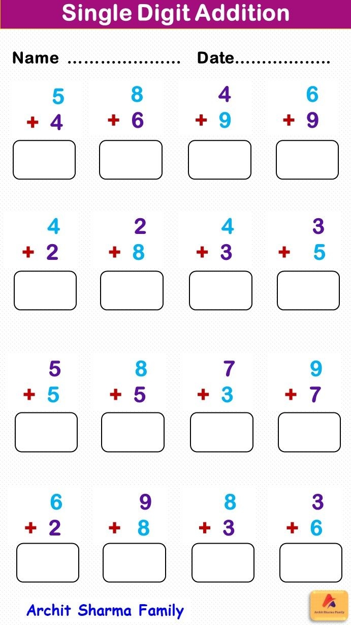 First grade single-digit addition problems with sums up to 9 for math practice