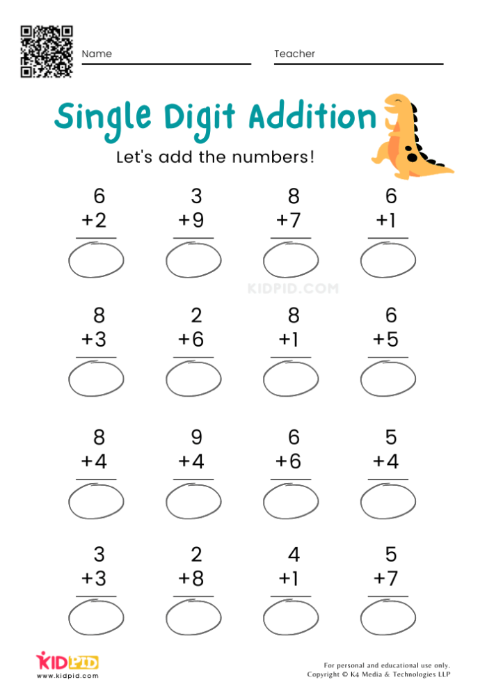 Phonics worksheet for First Grade Single digit addition worksheet designed for first graders to practice math skills. Engaging counting activity for young learners to improve addition.
