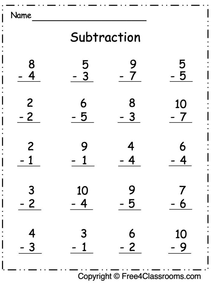Single-Digit Subtraction Practice Worksheet for First Grade Math First grade math worksheet featuring basic single-digit subtraction problems for geometry practice
