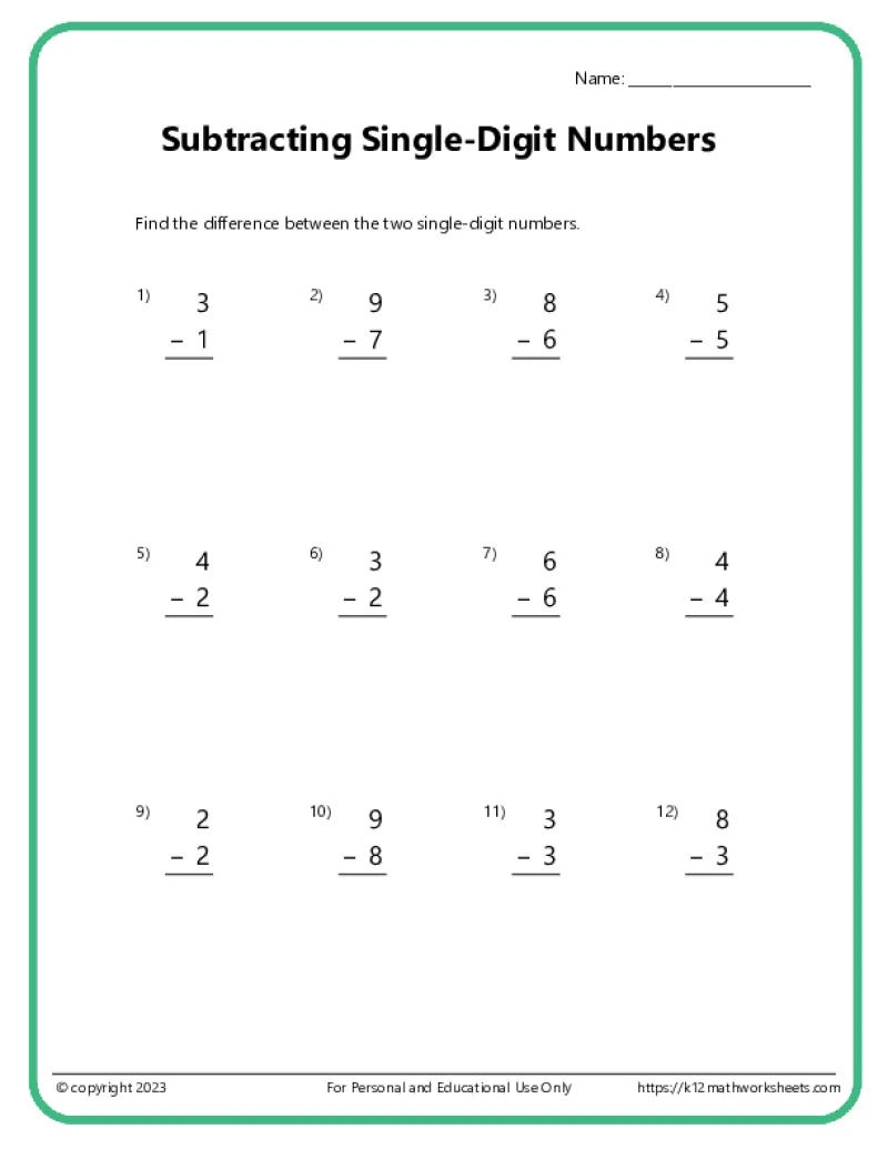 Single-Digit Subtraction Worksheet 4 for First Grade Math Practice First grade math worksheet featuring simple single-digit subtraction problems