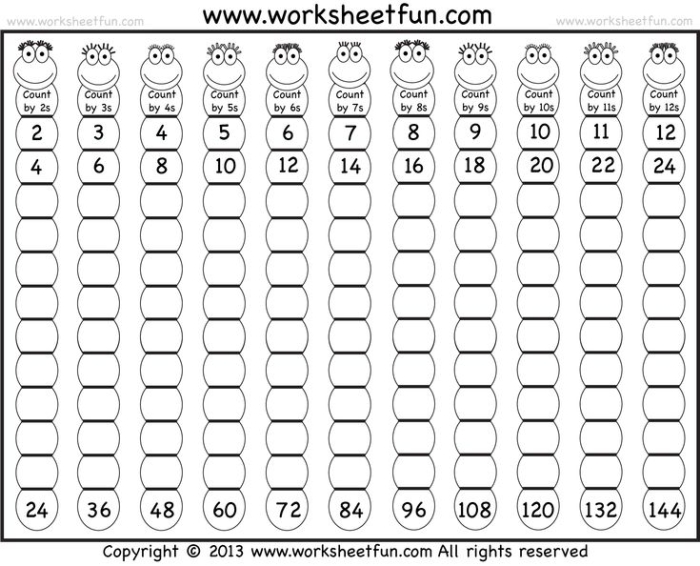 First grade math worksheet featuring colorful illustrations to help students practice skip counting by twos
