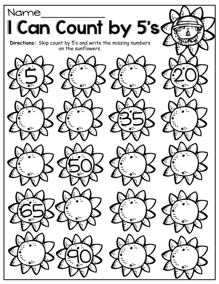 First grade math worksheet for practicing skip counting by fives up to one hundred