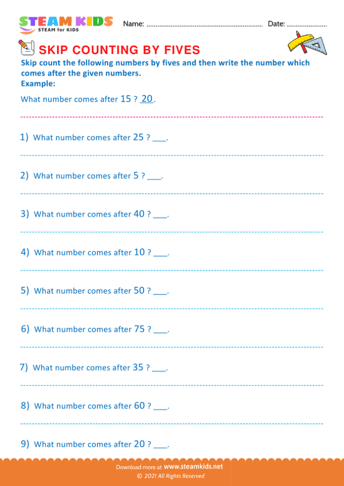 Count by fives worksheet for first graders showing numbers up to 100