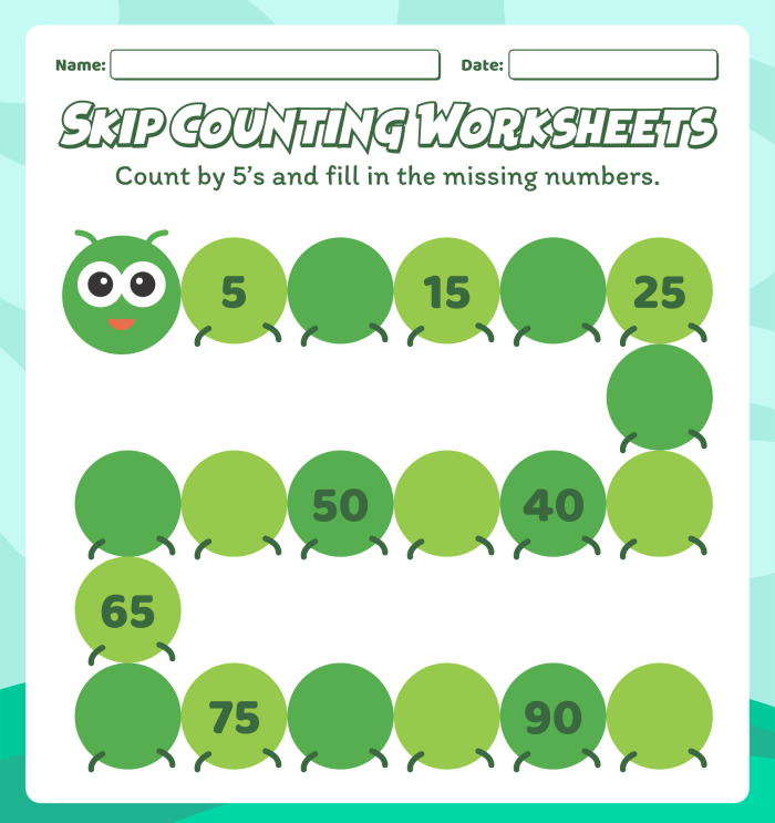 First grade skip counting practice worksheet featuring decimal number sequences for lesson 16