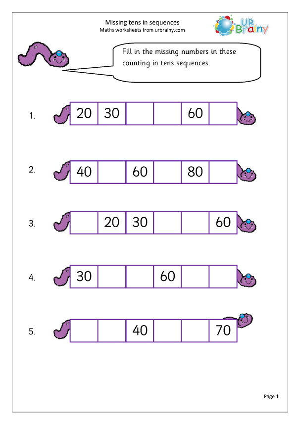First grade worksheet for practicing skip counting by fives up to one hundred