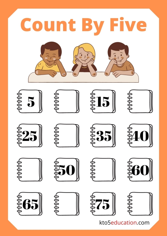First grade math worksheet featuring skip counting by fives up to 100