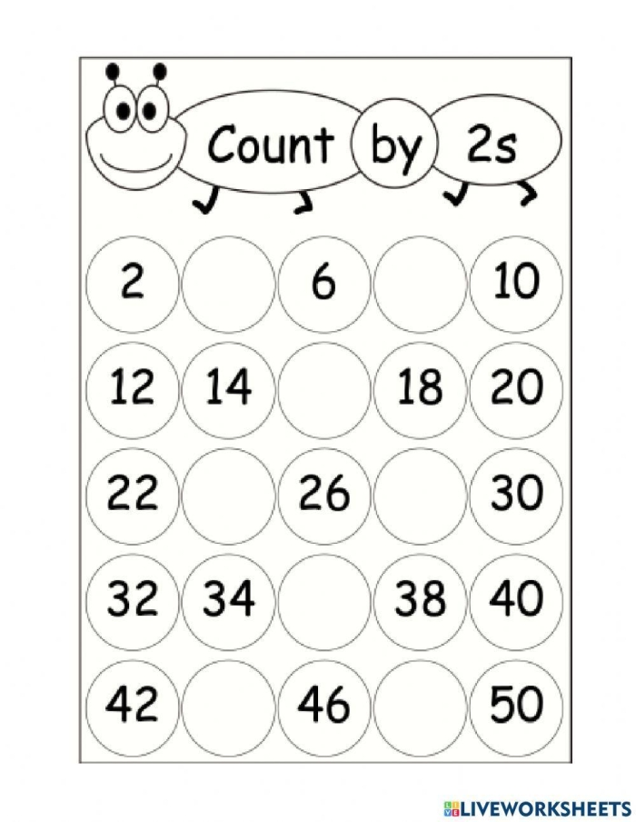 Count by twos worksheet designed for first graders to practice skip counting. Engaging math activity for young learners to understand addition concepts.