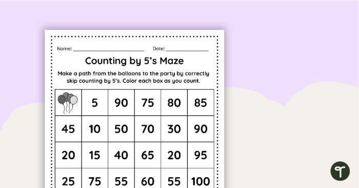 First grader counting by 5's to navigate through a maze on a worksheet