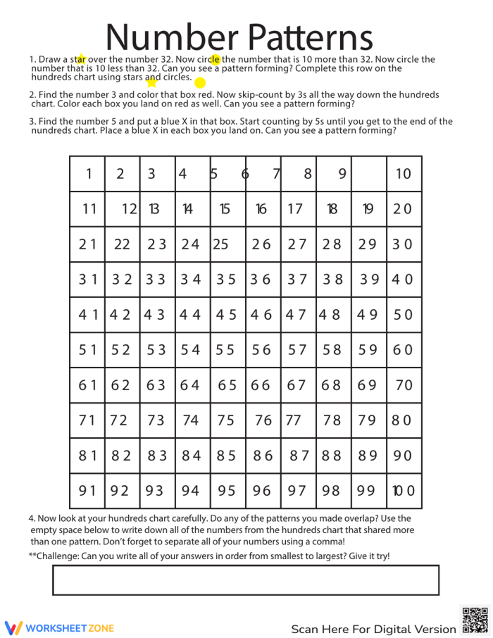 Number Patterns Chart Worksheet Five First grade worksheet featuring a number patterns chart for skip counting practice