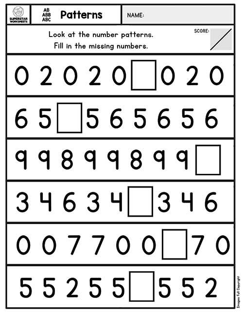 First Grade Number Patterns Learning Chart for Skip Counting Practice A colorful number patterns chart showing skip counting sequences with spaces for first graders to color and complete