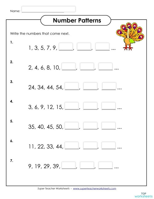 Number Patterns Learning Chart for Skip Counting Practice First grade number patterns chart showing skip counting sequences with colorful boxes for children to complete and color