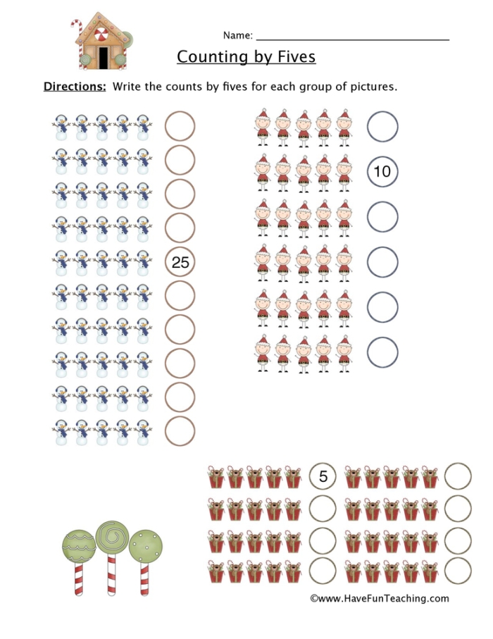 First grade math worksheet for counting by fives up to 100, aiding in understanding addition concepts. Count by Fives worksheet for first graders, focusing on skip counting to enhance math skills.