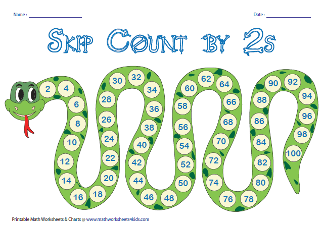 First grade skip counting chart worksheet featuring a number pattern grid for math practice
