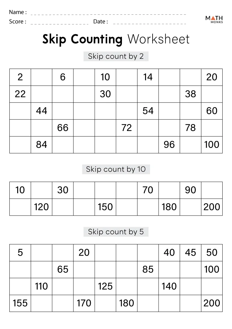 First Grade worksheet featuring skip counting exercises to enhance number sense