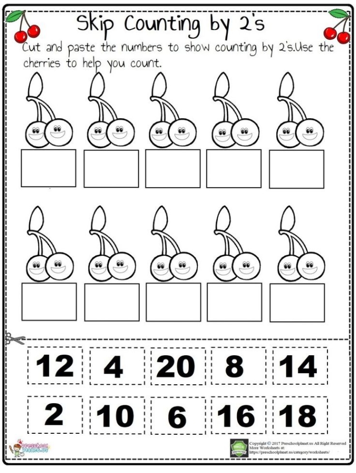 First grade math worksheet featuring skip counting by twos exercises for students