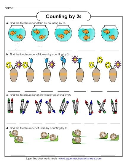 Kids practice counting by twos in this engaging first grade worksheet. First grade math worksheet focusing on skip counting by twos.