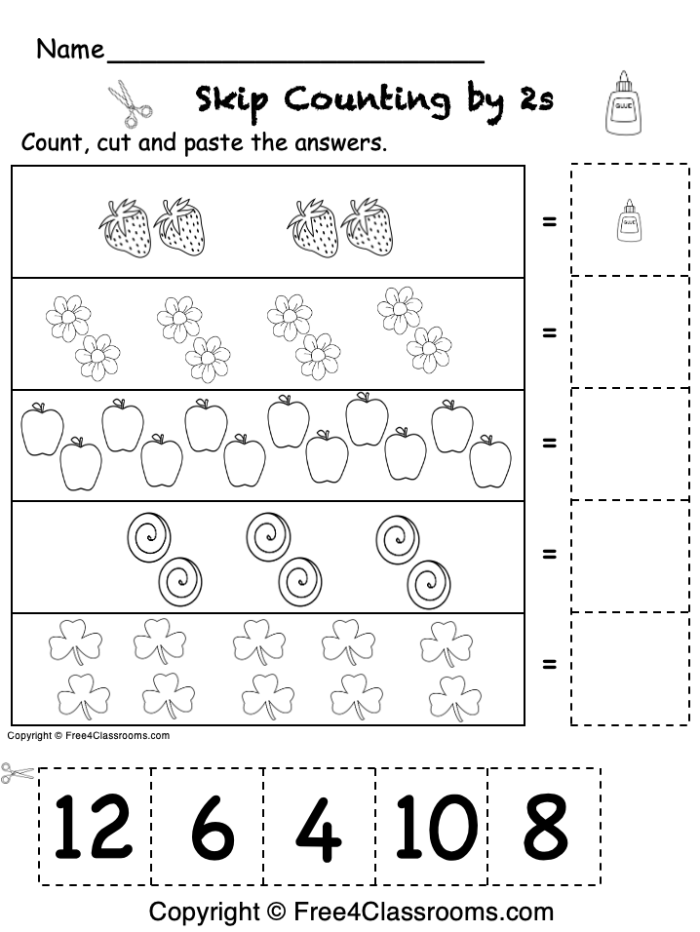 First grade student completing a skip counting by twos math worksheet