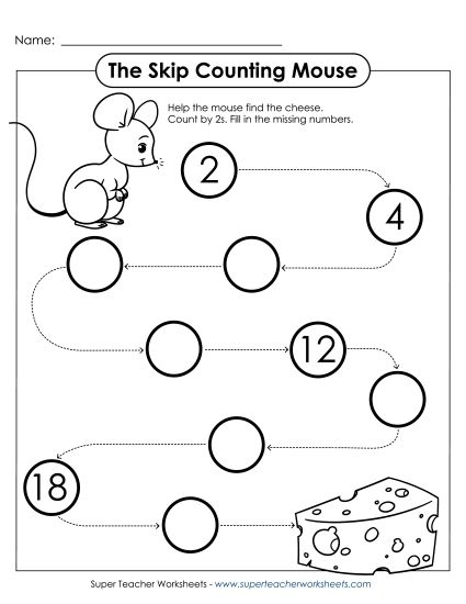 First grade math worksheet featuring skip counting by twos exercises