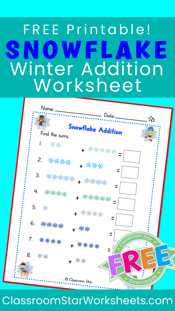 Fun Addition in the Snow worksheet designed for first graders to enjoy math on snowy days First grade addition worksheet featuring winter-themed single-digit problems with sums up to 9