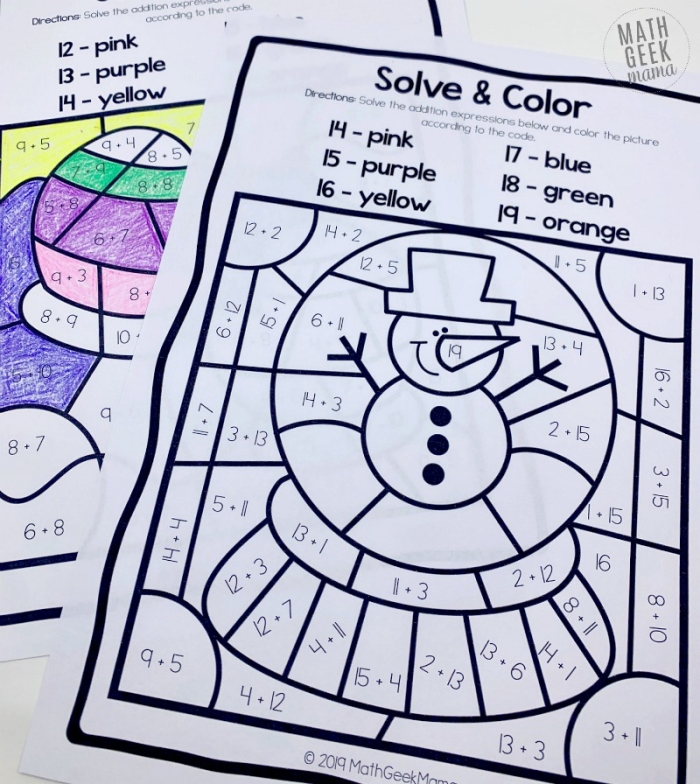 Winter addition practice for first graders with a fun snow day theme First grade addition worksheet featuring snow-themed single-digit problems up to 9