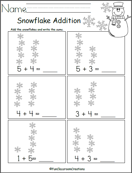 Engaging winter addition practice for first graders on a snowy day First grade addition worksheet featuring snow-themed single-digit problems up to 9