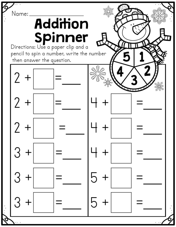 Fun Addition in the Snow worksheet for first graders to enjoy math on a snowy day First grade addition worksheet featuring winter-themed single-digit problems with sums up to 9