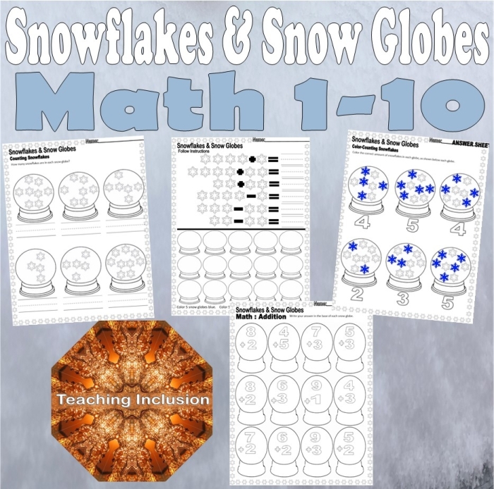 Addition in the Snow worksheet for first graders focusing on single-digit decimal problems First grade addition worksheet featuring winter-themed problems with sums up to 9 for a snowy day math activity