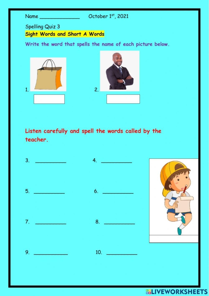 Engaging spelling exercise for geometry concepts aimed at first graders First grade spelling quiz worksheet featuring fill-in-the-blank words to enhance spelling skills