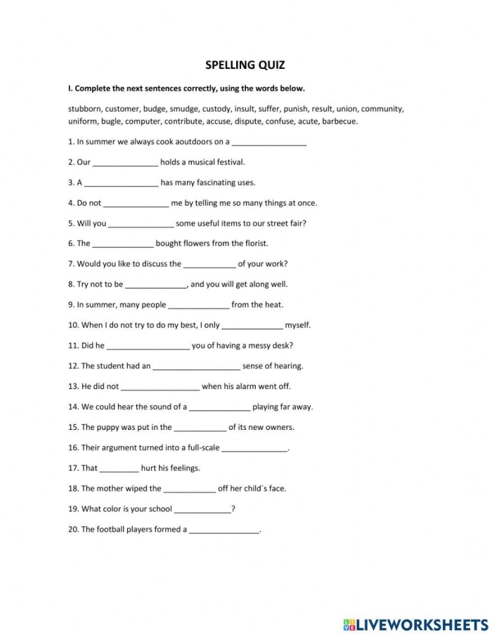First-grade spelling quiz worksheet designed to enhance vocabulary through geometry terms Spelling quiz worksheet for first graders featuring a fill-in-the-blank format