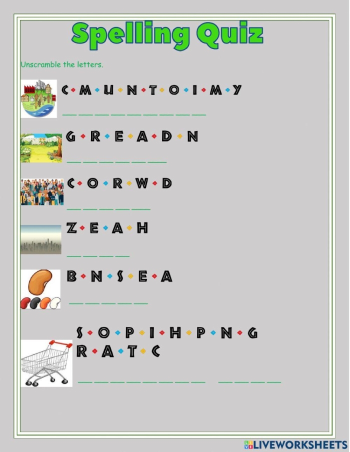 Interactive worksheet featuring fill-in-the-blank spelling activities for young learners Spelling Quiz worksheet designed for first graders to enhance their spelling abilities in geometry