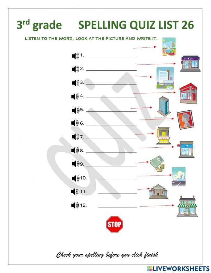 First grade spelling quiz worksheet featuring fill-in-the-blank words for young learners Spelling quiz worksheet designed for first graders to enhance their spelling abilities in geometry
