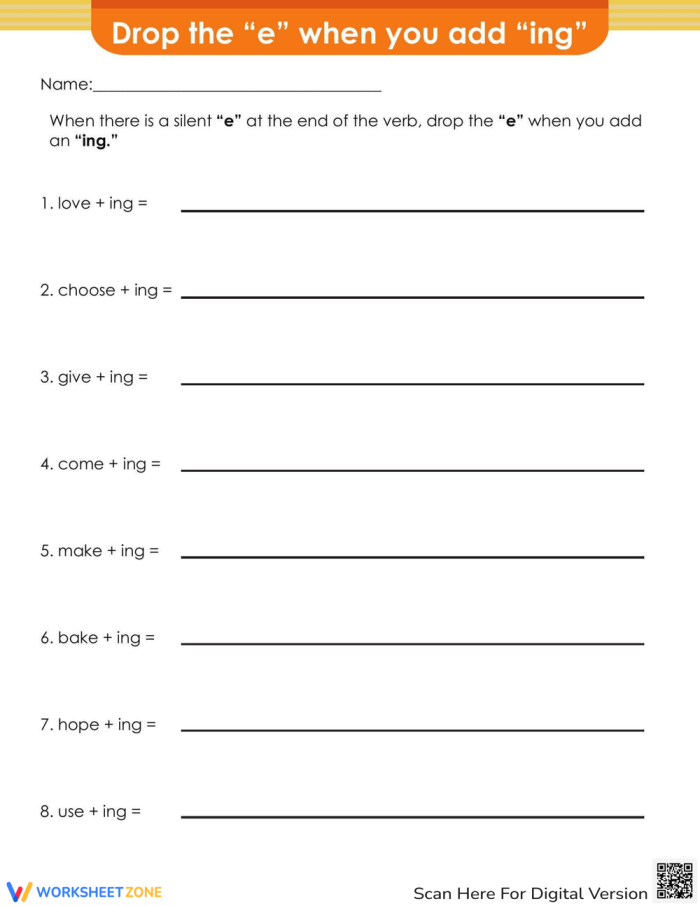 Drop the E Add ing Spelling Practice Worksheet 19 First grade spelling worksheet focusing on the drop the e add ing rule for students