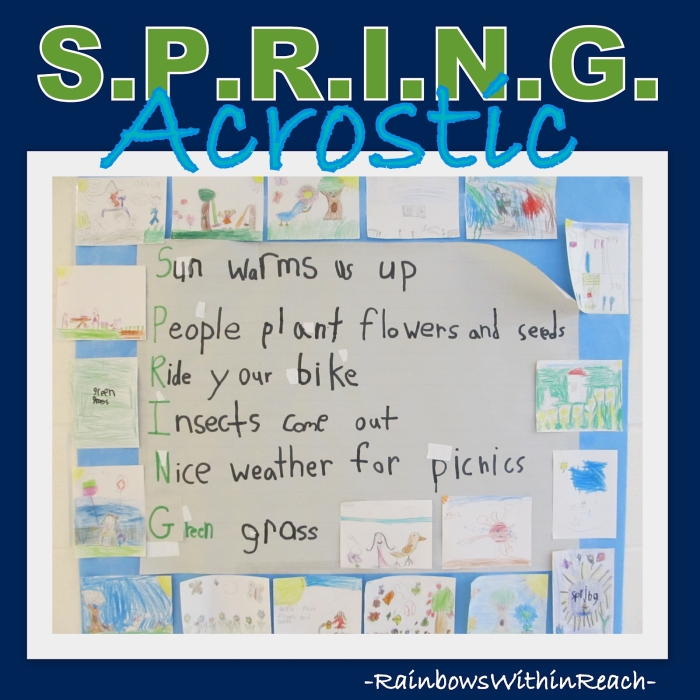 A child's hand writing spring acrostic poem lines on a worksheet with colorful seasonal illustrations