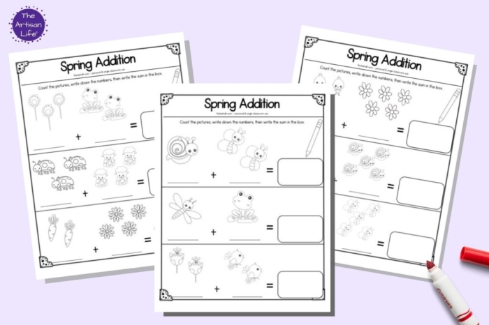 Colorful worksheet featuring one-digit addition problems for first graders in a spring theme