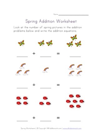 Springtime Addition Practice Sheet 10 for Early Learners First grade spring addition worksheet with colorful flowers and math problems for students learning basic addition facts