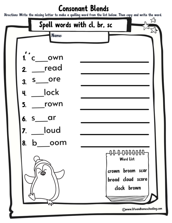First grade worksheet featuring consonant blends practice with a spring theme