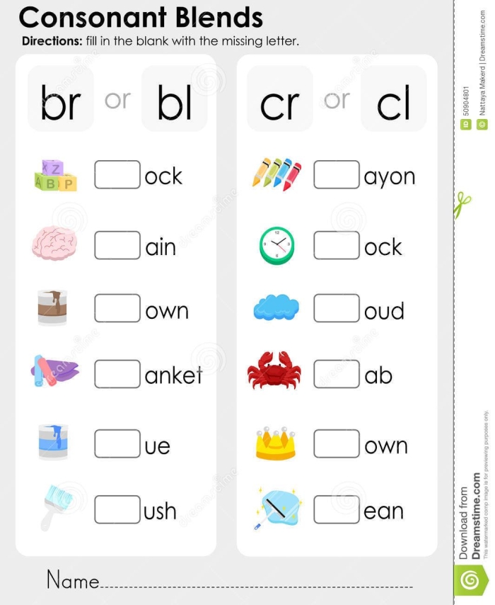 Colorful worksheet for first graders focusing on consonant blends during Springtime activities
