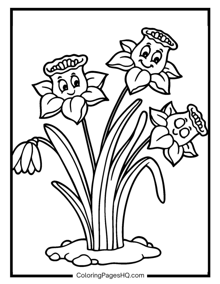 Parts of a flower educational coloring page for first graders First grade student coloring a daffodil flower diagram worksheet for spring
