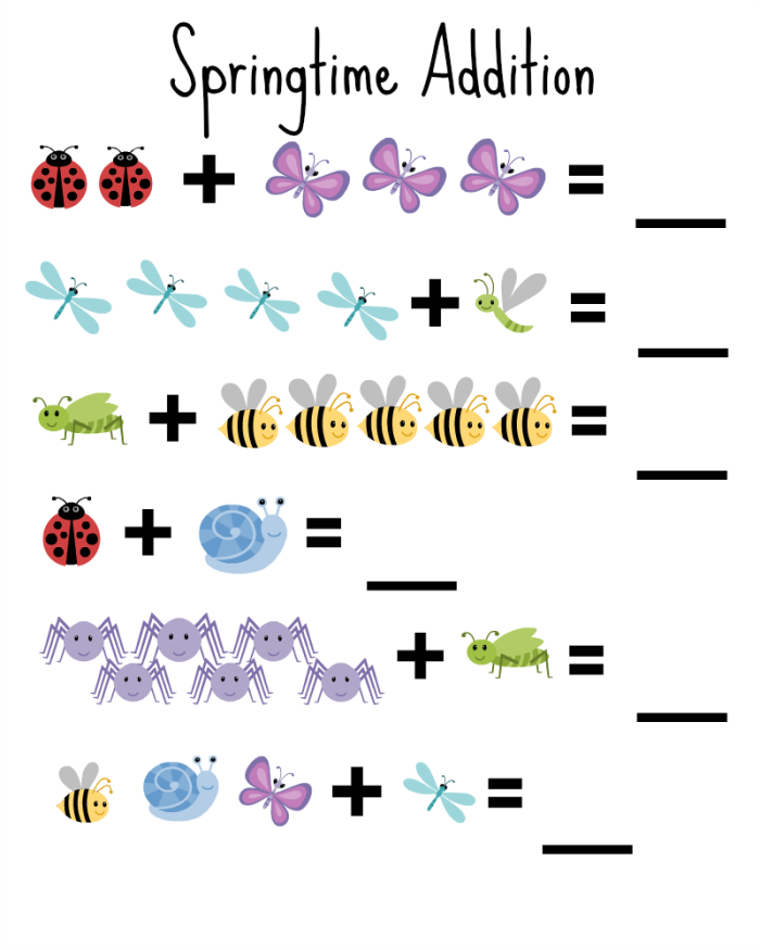 Springtime Addition Practice Sheet 19 for Early Learners First grade spring addition worksheet with colorful flowers and math problems for kids