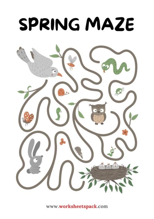 Spring maze worksheet featuring Bertie the Butterfly on his journey to a flower