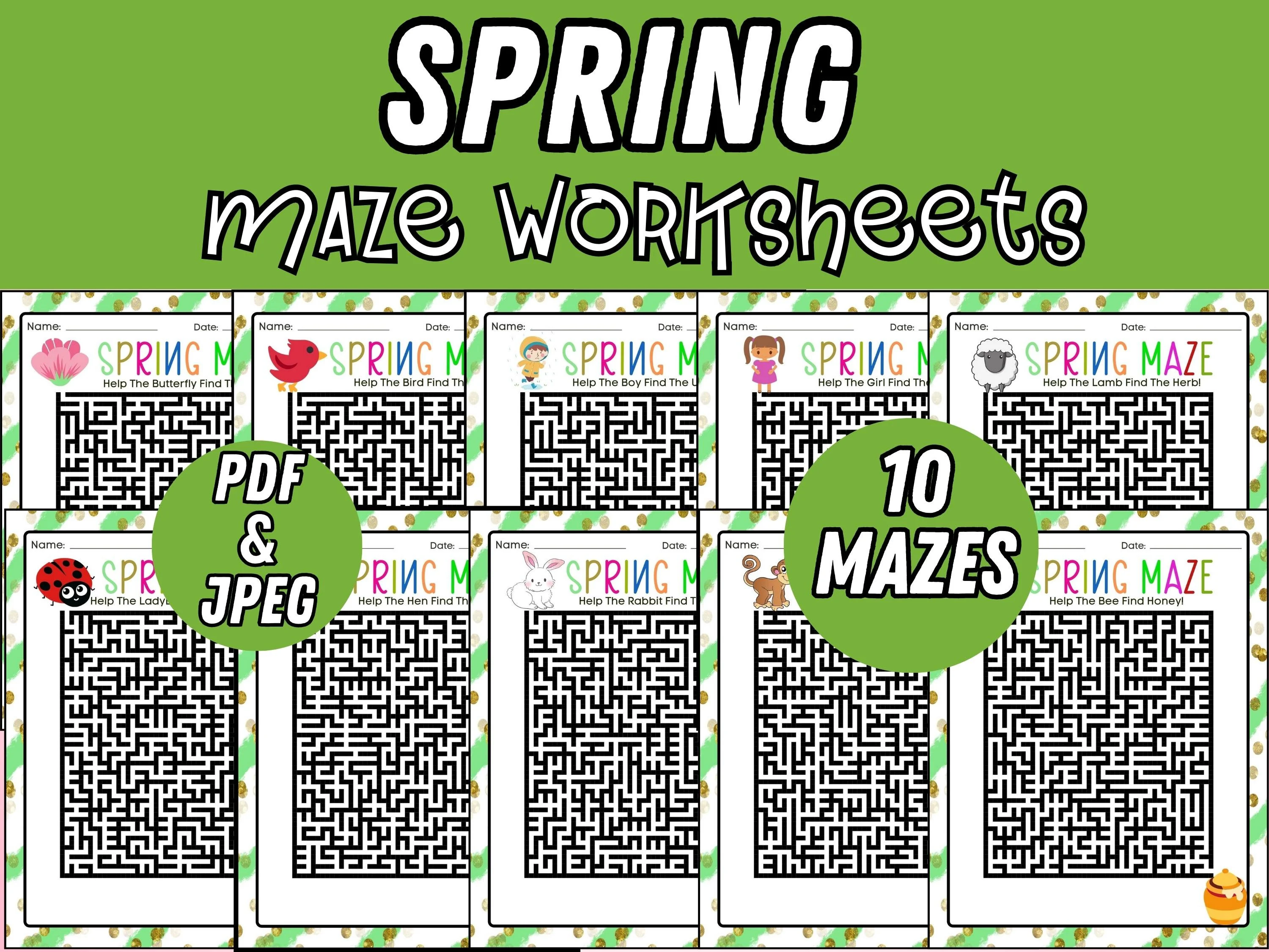 First grade printable worksheet featuring a spring maze where Bertie the Butterfly navigates through a garden to reach a flower.