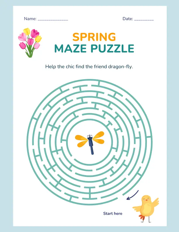 First grade printable Spring maze worksheet featuring Bertie the Butterfly searching for a flower